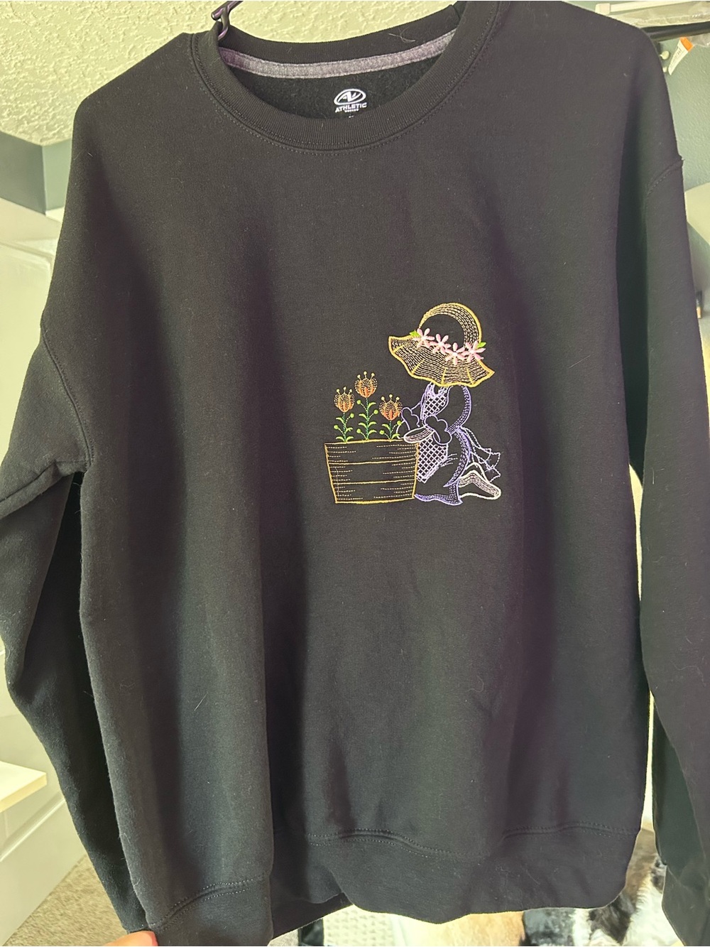 Athletic Works Black Sweatshirt with Embroidered Girl and Flowers